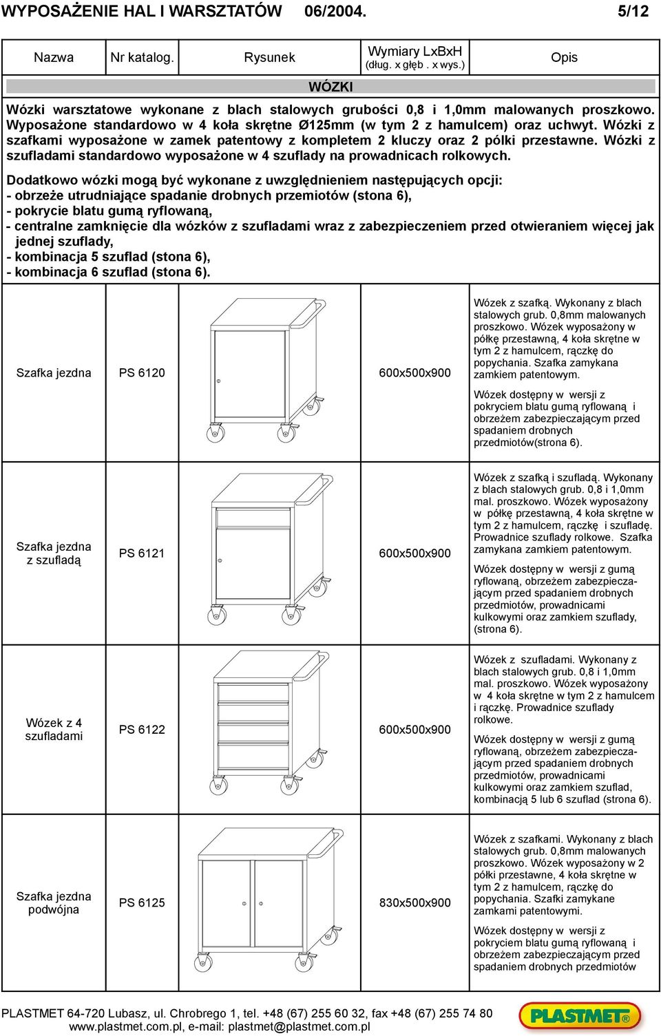 Dodatkowo wózki mogą być wykonane z uwzględnieniem następujących opcji: - obrzeże utrudniające spadanie drobnych przemiotów (stona 6), - pokrycie blatu gumą ryflowaną, - centralne zamknięcie dla