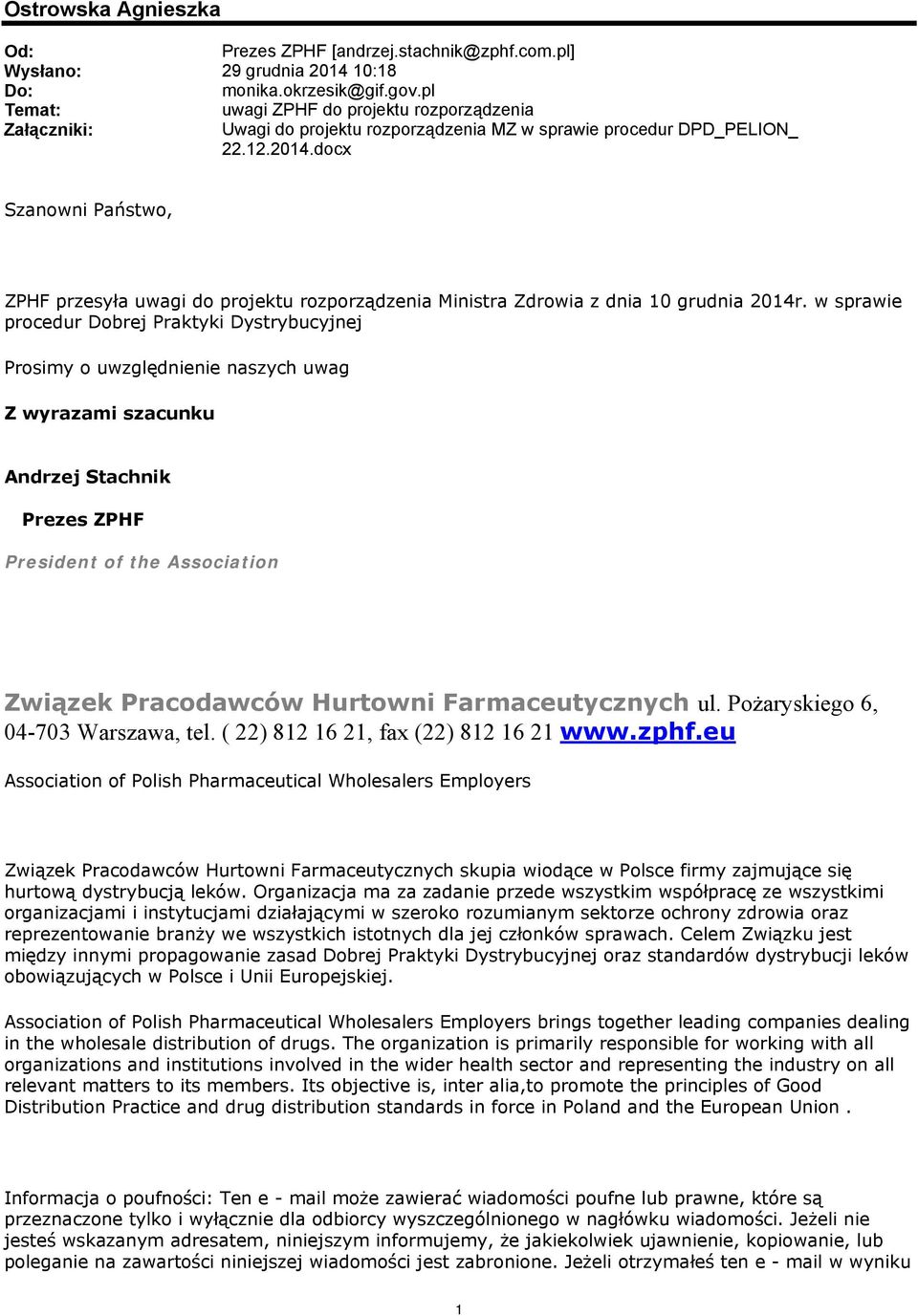 docx Szanowni Państwo, ZPHF przesyła uwagi do projektu rozporządzenia Ministra Zdrowia z dnia 10 grudnia 2014r.