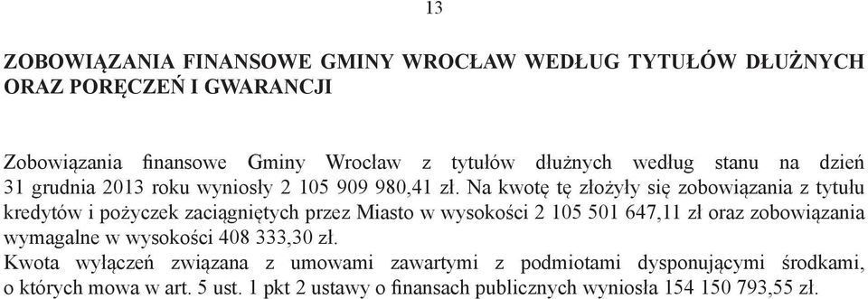 Na kwotę tę złożyły się zobowiązania z tytułu kredytów i pożyczek zaciągniętych przez Miasto w wysokości 2 105 501 647,11 zł oraz zobowiązania