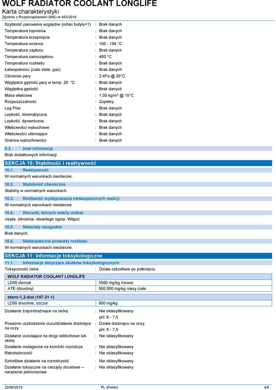 20 C Względna gęstość Masa właściwa : 1,05 kg/m³ @ 15 C Rozpuszczalność Log Pow Lepkość, kinematyczna Lepkość, dynamiczna Właściwości wybuchowe Właściwości utleniające Granica wybuchowości 9.2. Inne informacje SEKCJA 10: Stabilność i reaktywność 10.