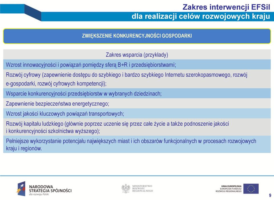 przedsiębiorstw w wybranych dziedzinach; Zapewnienie bezpieczeństwa energetycznego; Wzrost jakości kluczowych powiązań transportowych; Rozwój kapitału ludzkiego (głównie poprzez uczenie się przez