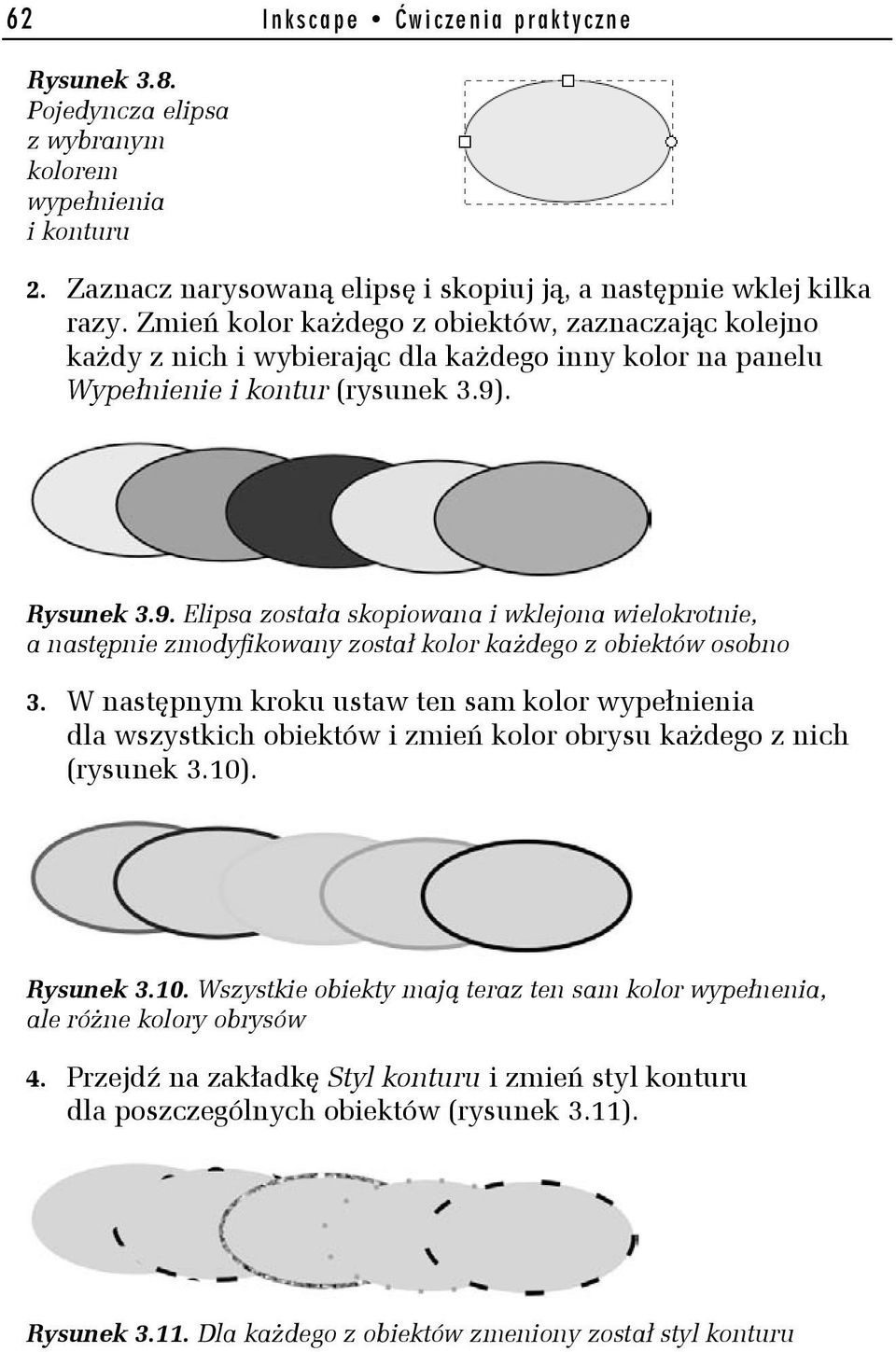 . Rysunek 3.9. Elipsa została skopiowana i wklejona wielokrotnie, a następnie zmodyfikowany został kolor każdego z obiektów osobno 3.