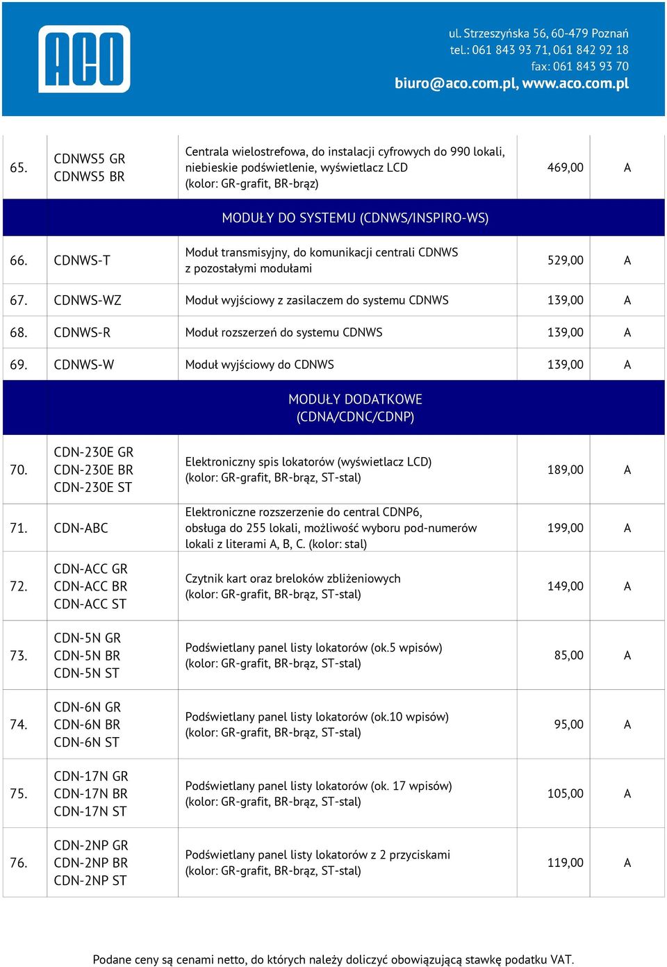 CDNWS-R Moduł rozszerzeń do systemu CDNWS 139,00 A 69. CDNWS-W Moduł wyjściowy do CDNWS 139,00 A MODUŁY DODATKOWE (CDNA/CDNC/CDNP) 70.