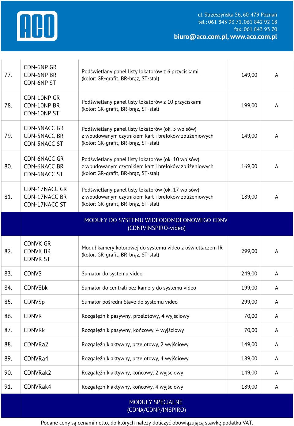 5 wpisów) z wbudowanym czytnikiem kart i breloków zbliżeniowych 149,00 A 80. CDN-6NACC GR CDN-6NACC BR CDN-6NACC ST Podświetlany panel listy lokatorów (ok.