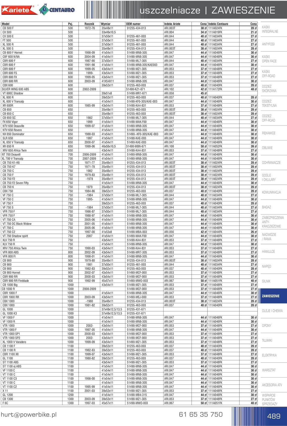 044 40 zł 111A034FK 27 zł XL 500 S 500 35x48x11 91255-434-013 ARI.003T 38 zł 111A024FK 28 zł CB 600 F Hornet 600 1998-09 41x54x11 51490-MN8-305 ARI.