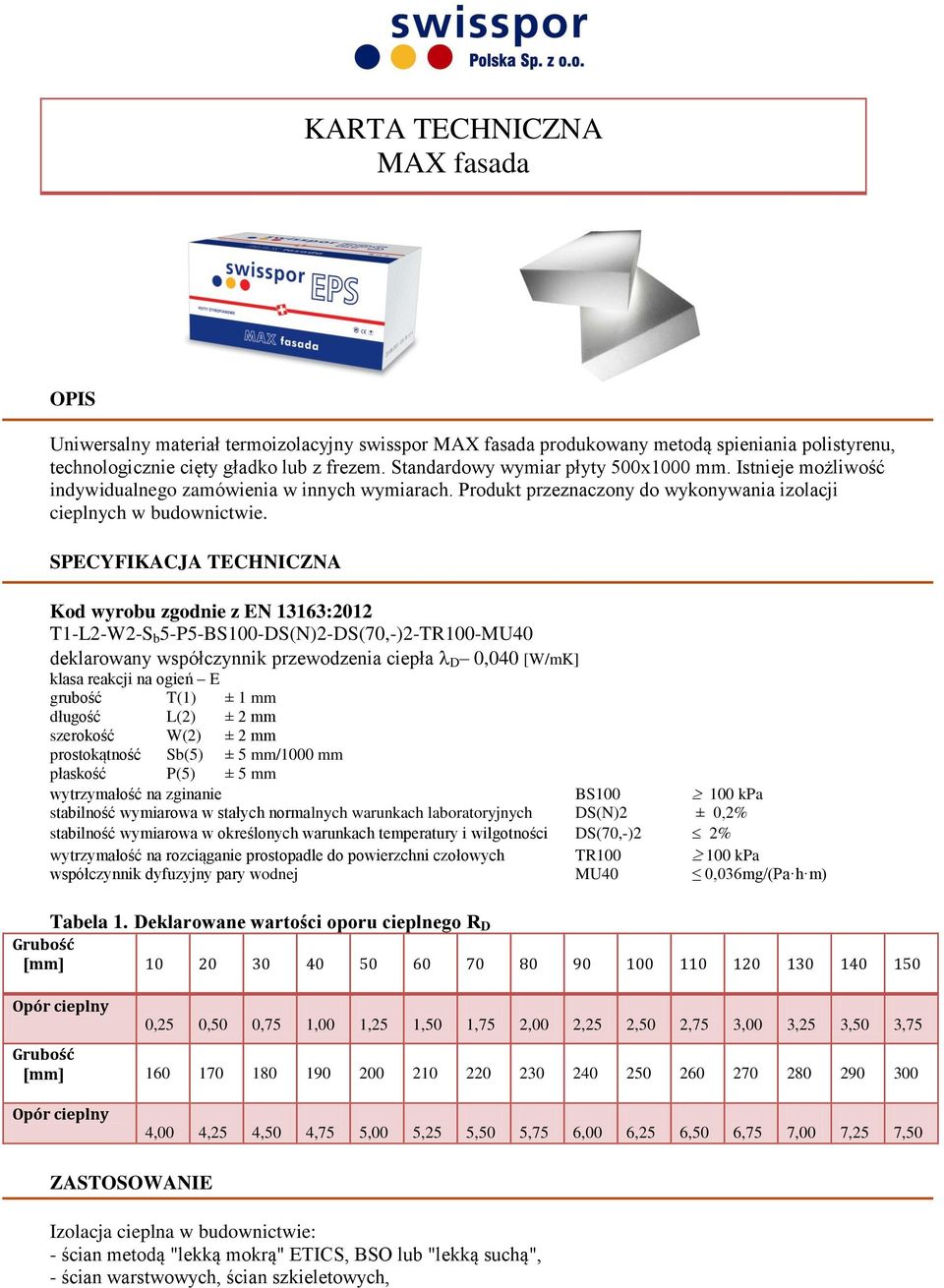 SPECYFIKACJA TECHNICZNA Kod wyrobu zgodnie z EN 13163:2012 T1-L2-W2-S b 5-P5-BS100-DS(N)2-DS(70,-)2-TR100-MU40 deklarowany współczynnik przewodzenia ciepła D 0,040 [W/mK] klasa reakcji na ogień E