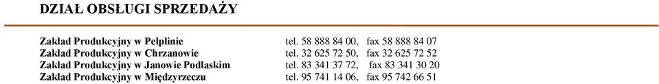 32 625 72 50, fax 32 625 72 52 Zakład Produkcyjny w Janowie Podlaskim tel.