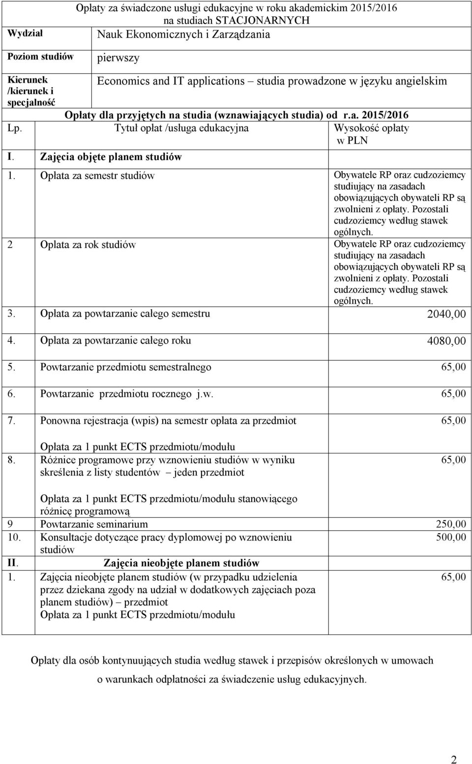 Pozostali cudzoziemcy według stawek ogólnych. 2 Oplata za rok studiów Obywatele RP oraz cudzoziemcy studiujący na zasadach obowiązujących obywateli RP są zwolnieni z opłaty.