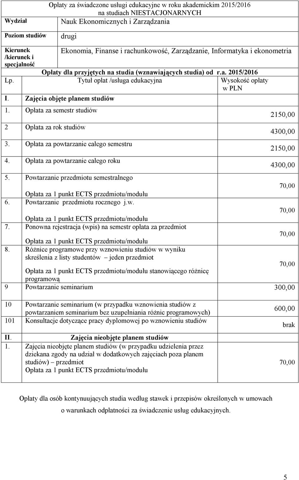 Opłata za powtarzanie całego roku 2150,00 4300,00 2150,00 4300,00 5. Powtarzanie przedmiotu semestralnego 6. Powtarzanie przedmiotu rocznego j.w. 7.