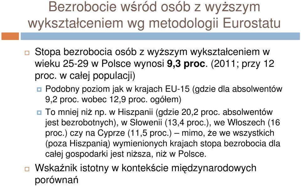 w Hiszpanii (gdzie 20,2 proc. absolwentów jest bezrobotnych), w Słowenii (13,4 proc.), we Włoszech (16 proc.) czy na Cyprze (11,5 proc.