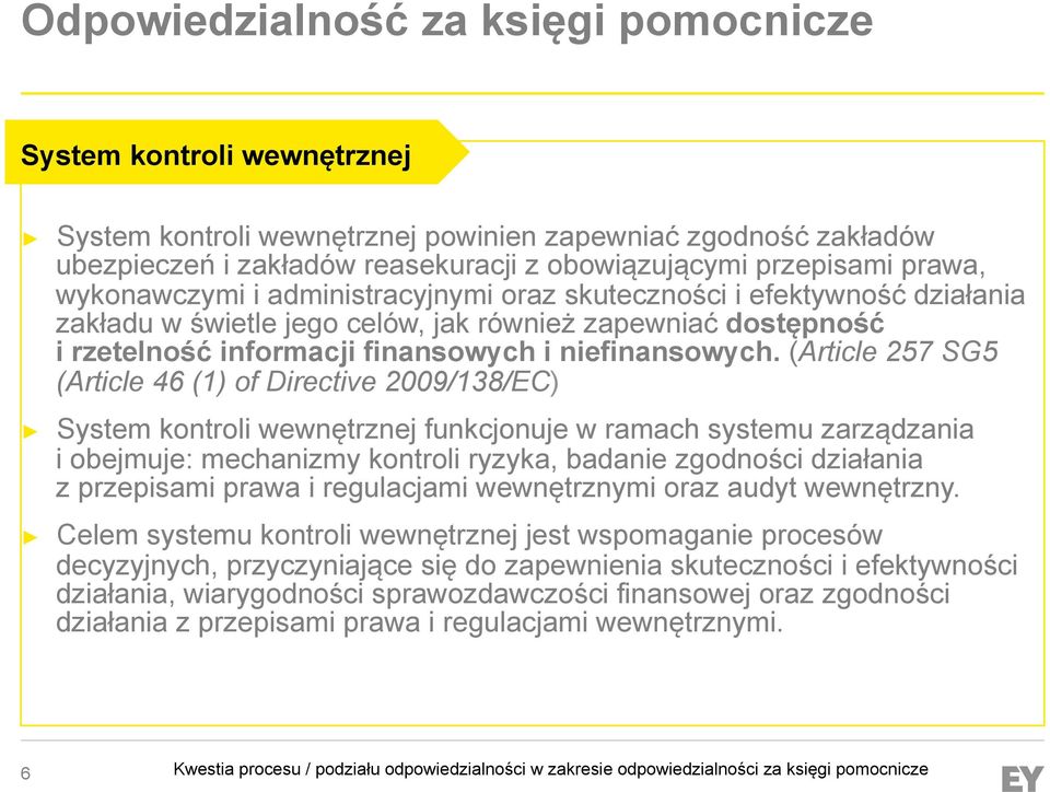 (Article 257 SG5 (Article 46 (1) of Directive 2009/138/EC) System kontroli wewnętrznej funkcjonuje w ramach systemu zarządzania i obejmuje: mechanizmy kontroli ryzyka, badanie zgodności działania z