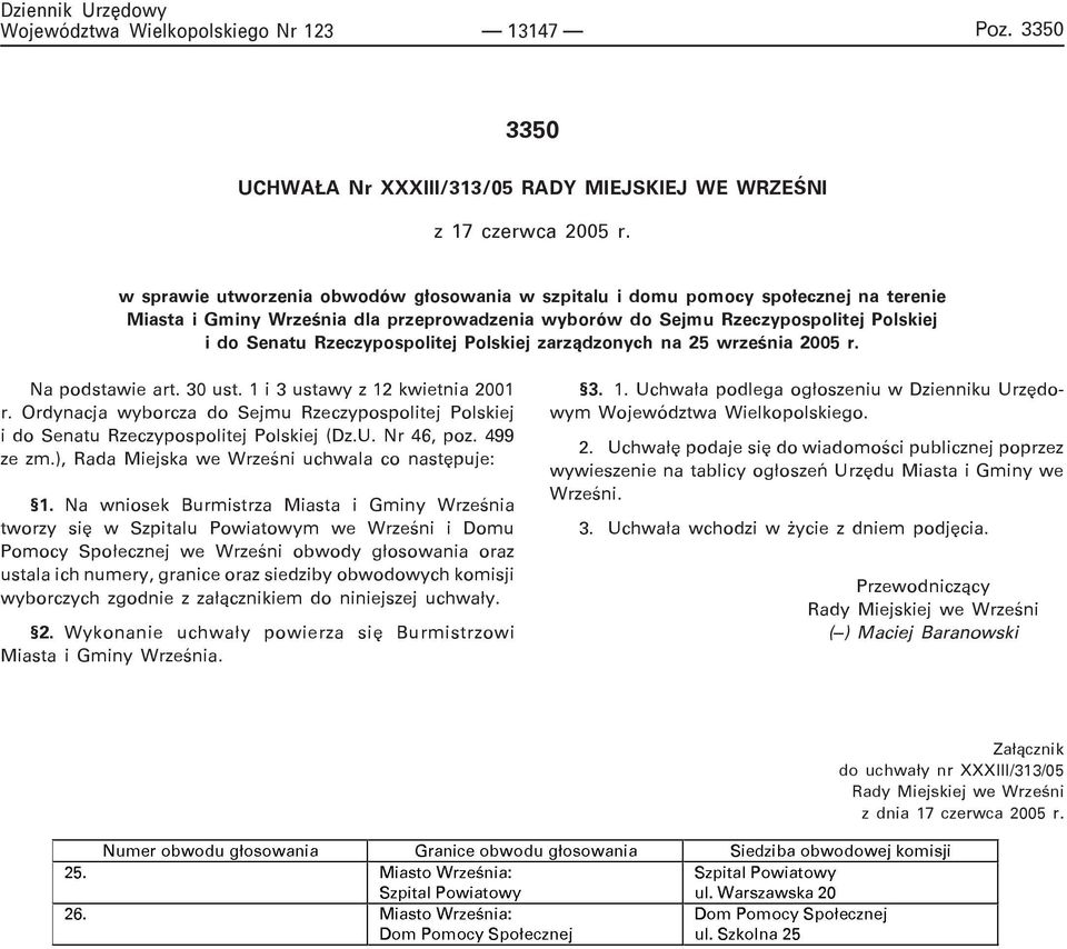 Rzeczypospolitej Polskiej zarz¹dzonych na 25 wrzeœnia 2005 r. Na podstawie art. 30 ust. 1 i 3 ustawy z 12 kwietnia 2001 r.