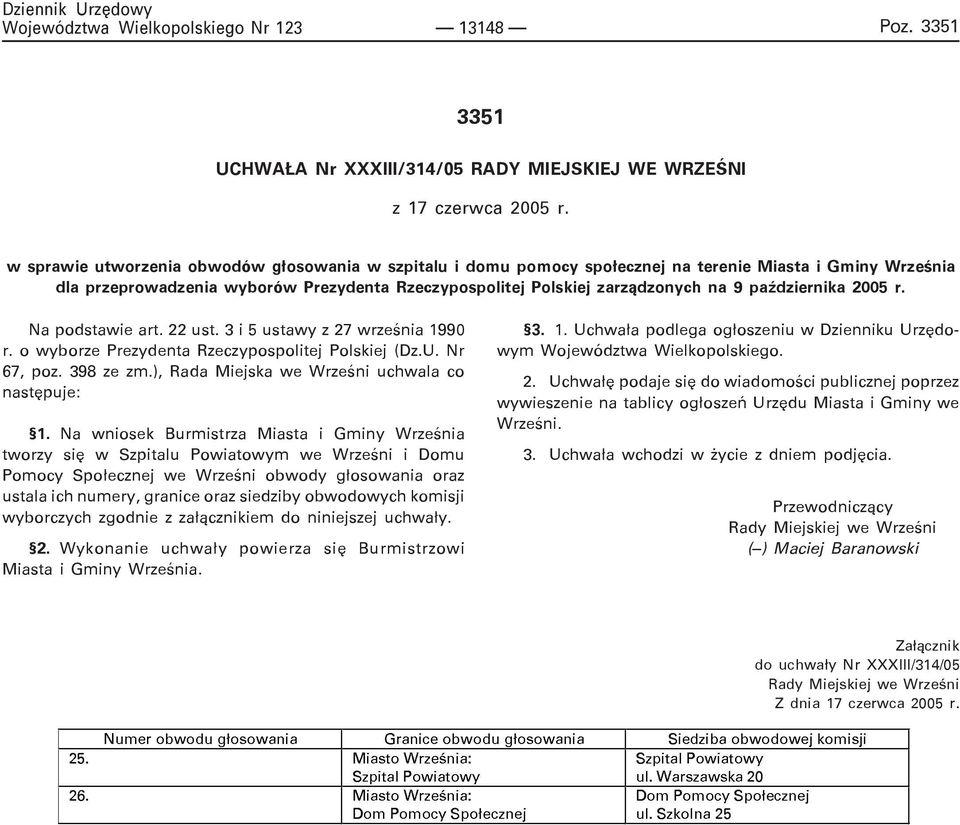 paÿdziernika 2005 r. Na podstawie art. 22 ust. 3 i 5 ustawy z 27 wrzeœnia 1990 r. o wyborze Prezydenta Rzeczypospolitej Polskiej (Dz.U. Nr 67, poz. 398 ze zm.