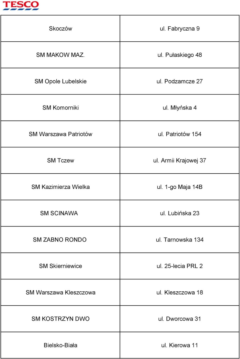 Armii Krajowej 37 SM Kazimierza Wielka ul. 1-go Maja 14B SM SCINAWA ul. Lubińska 23 SM ZABNO RONDO ul.