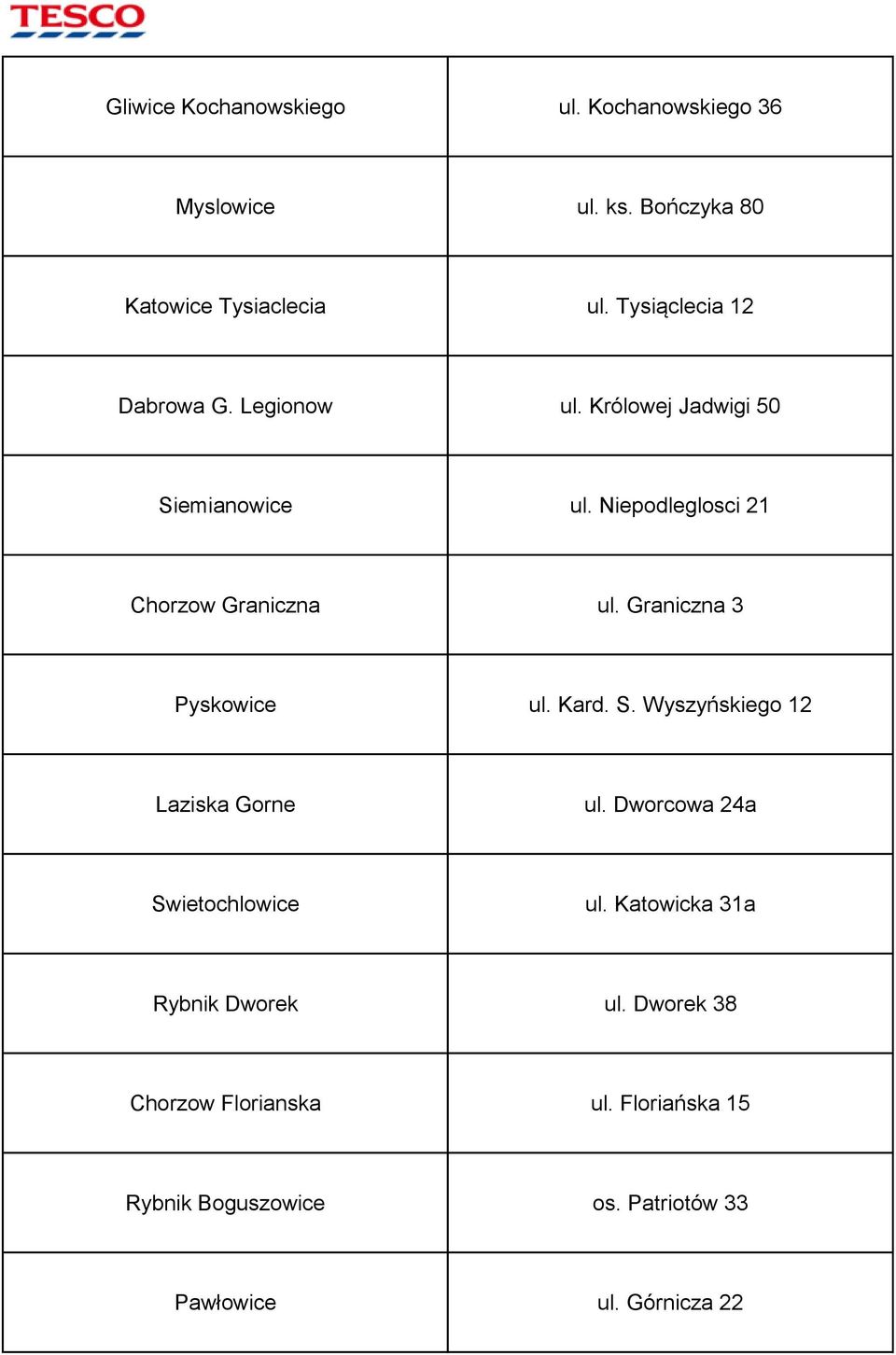 Graniczna 3 Pyskowice ul. Kard. S. Wyszyńskiego 12 Laziska Gorne ul. Dworcowa 24a Swietochlowice ul.