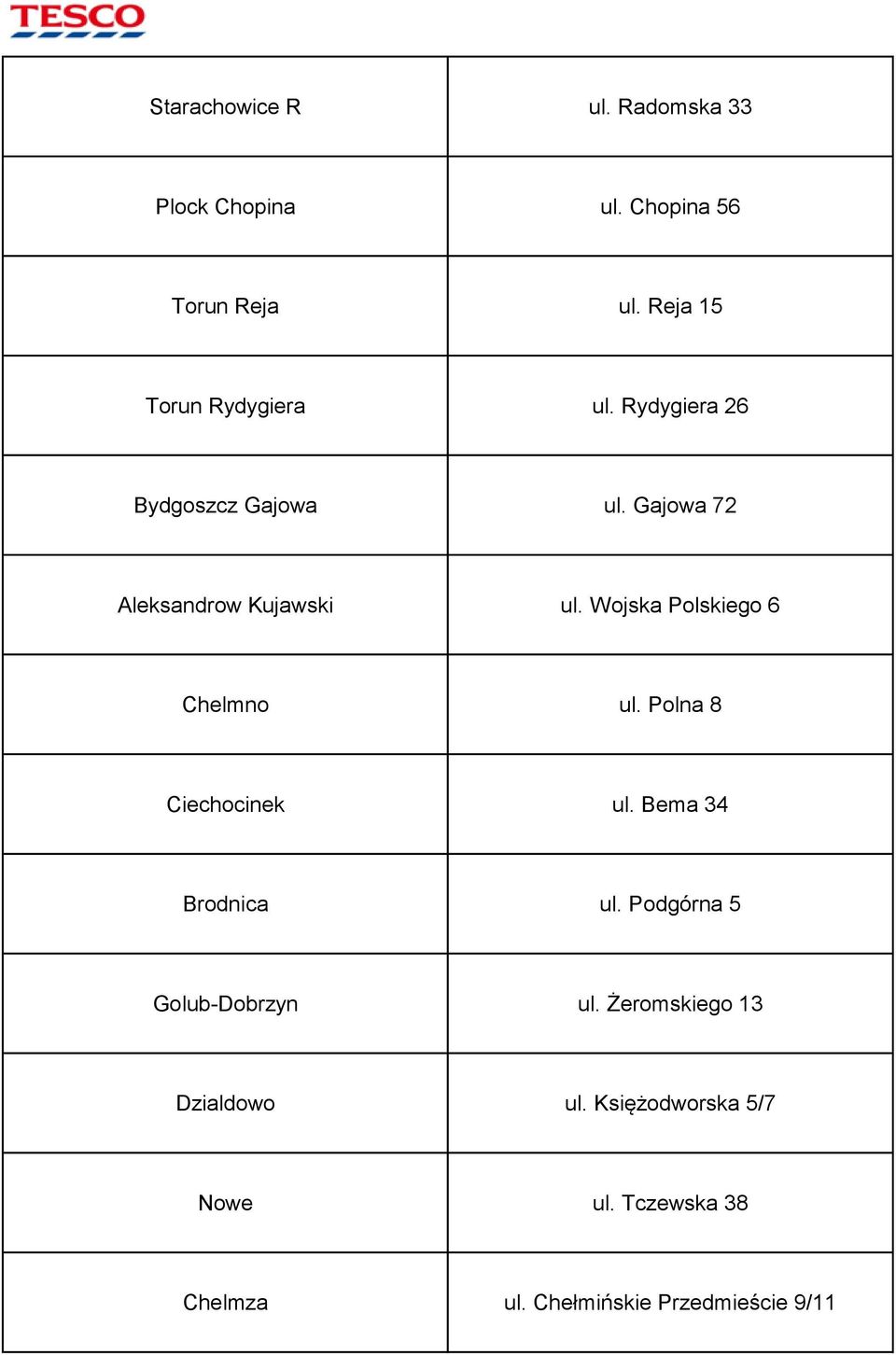 Wojska Polskiego 6 Chelmno ul. Polna 8 Ciechocinek ul. Bema 34 Brodnica ul.