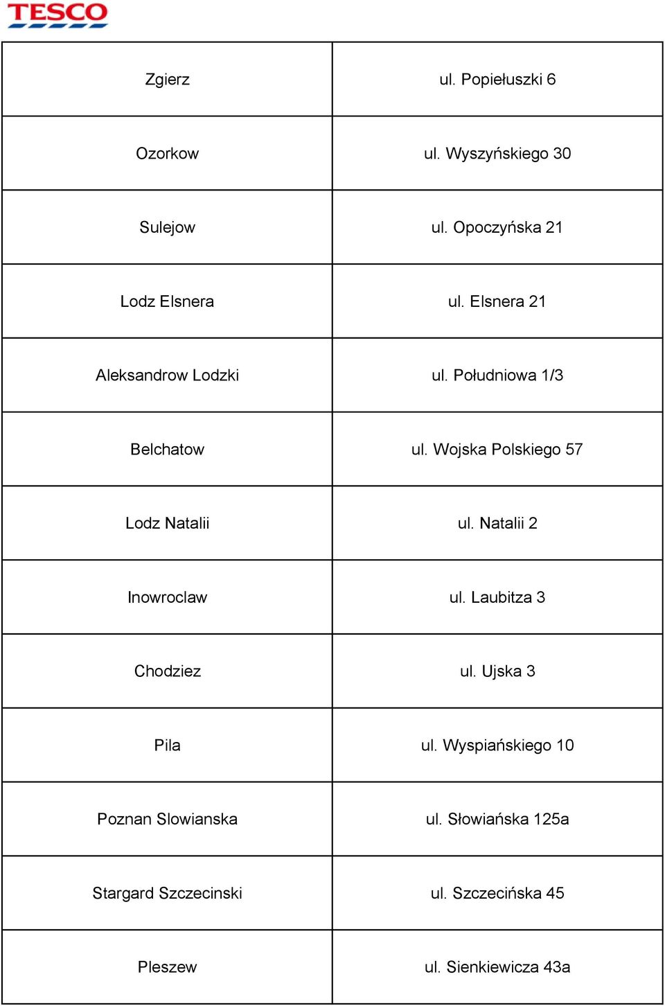 Wojska Polskiego 57 Lodz Natalii ul. Natalii 2 Inowroclaw ul. Laubitza 3 Chodziez ul.