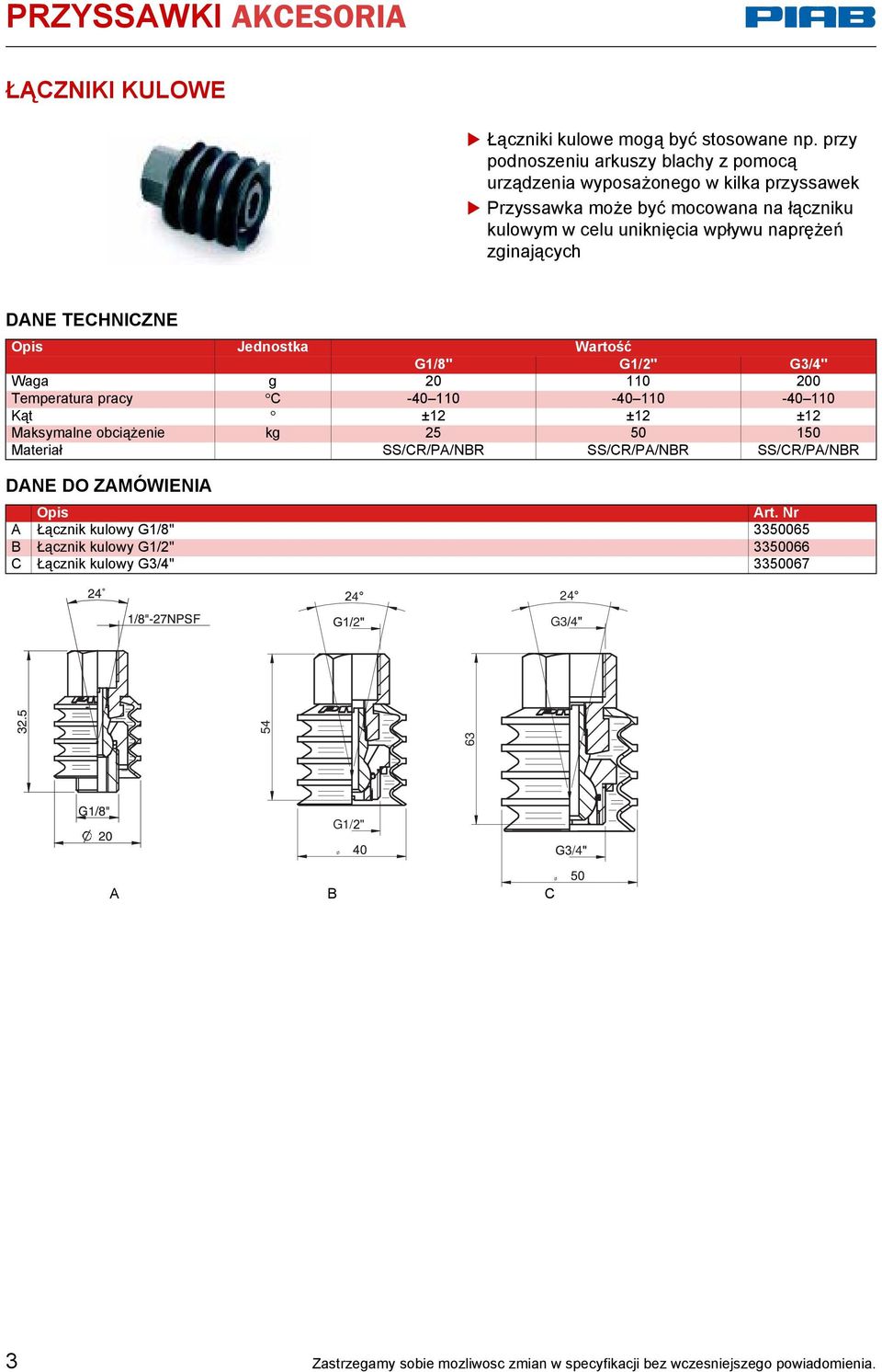 naprężeń zginających Jednostka Wartość G1/8" G1/2" G3/4" Waga g 20 110 200 Temperatura pracy C -40 110-40 110-40 110 Kąt ±12 ±12 ±12 Maksymalne obciążenie kg 25