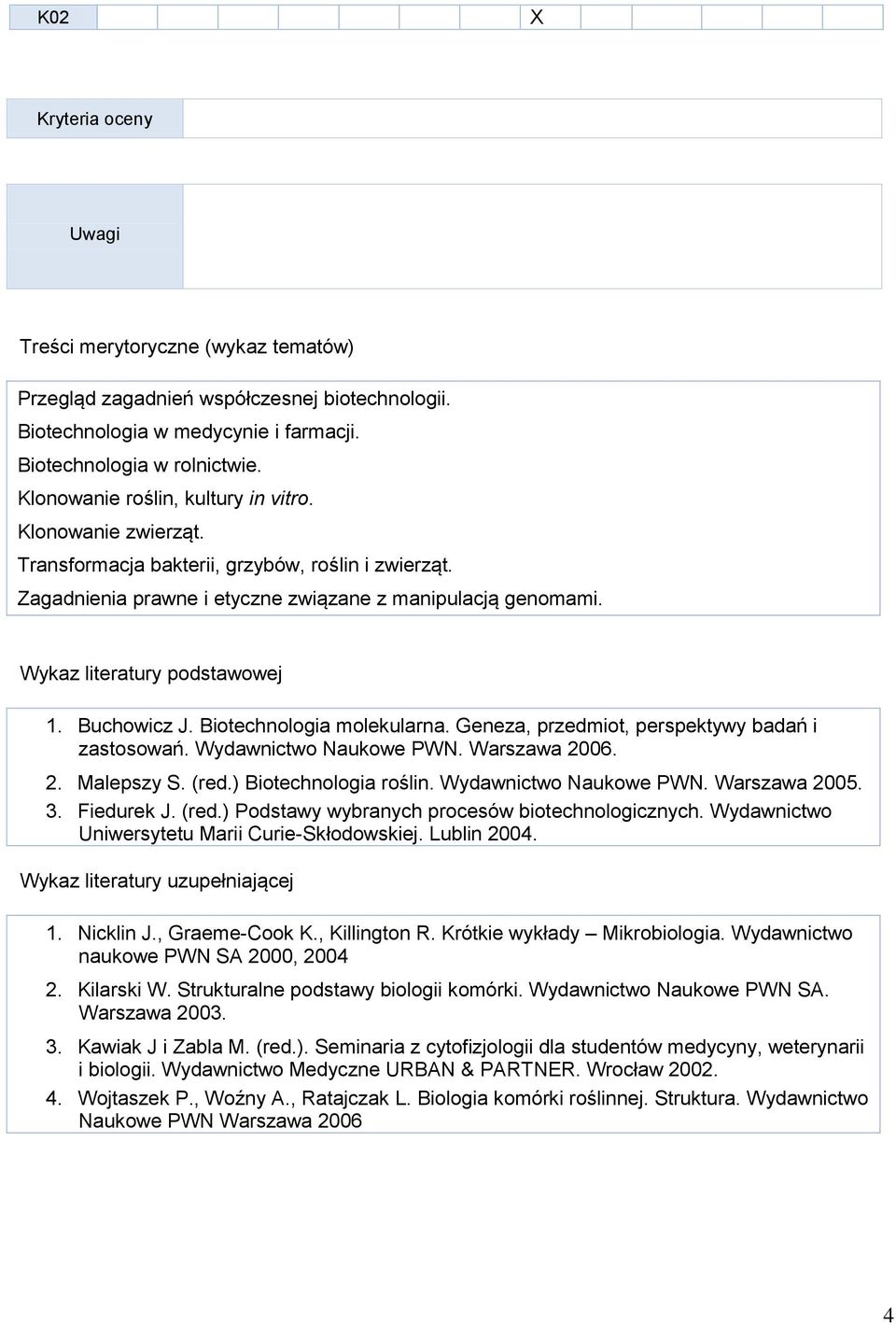 Wykaz literatury podstawowej 1. Buchowicz J. Biotechnologia molekularna. Geneza, przedmiot, perspektywy badań i zastosowań. Wydawnictwo Naukowe PWN. Warszawa 2006. 2. Malepszy S. (red.