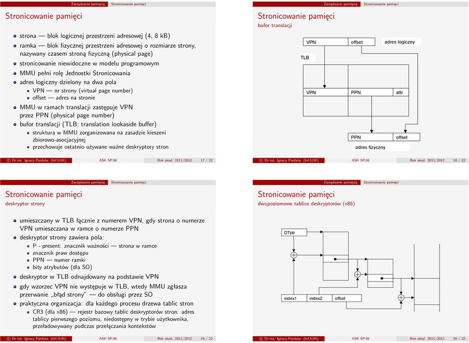 number) bufor translacji (TLB: translation lookaside buffer) struktura w MMU zorganizowana na zasadzie kieszeni zbiorowo-asocjacyjnej przechowuje ostatnio używane ważne deskryptory stron bufor