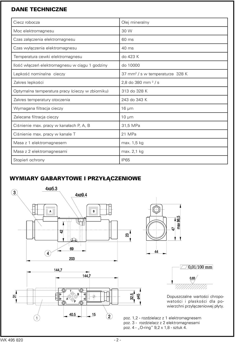 temperatura pracy (cieczy w zbiorniku) temperatury otoczenia filtracja cieczy filtracja cieczy max. pracy w kana³ach P, A, B max.