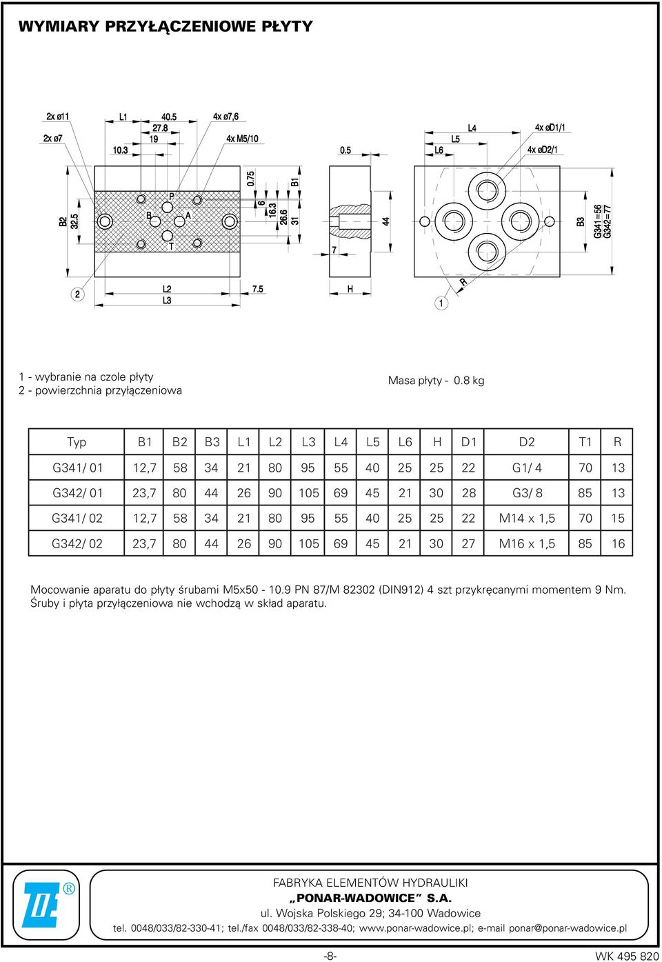 40 25 25 22 M14 x 1, 5 70 15 G42/ 02 2, 7 80 44 26 90 5 69 45 21 0 27 M16 x 1, 5 85 16 Mocowanie aparatu do p³yty œrubami M5x50 -.