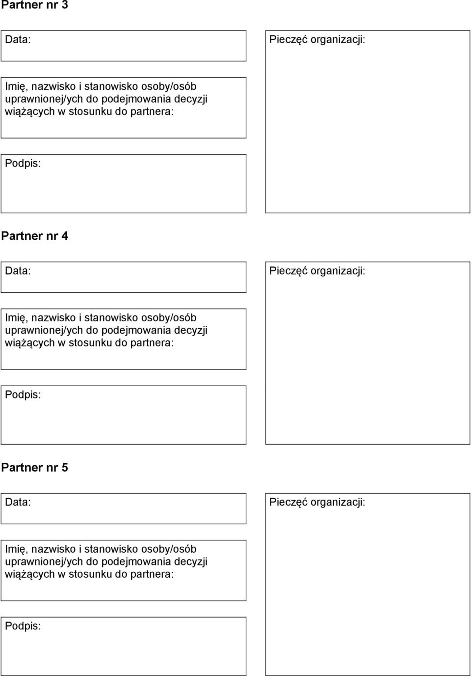 uprawnionej/ych do podejmowania decyzji wiążących w stosunku do partnera: Podpis: Partner nr 5 Data: Pieczęć