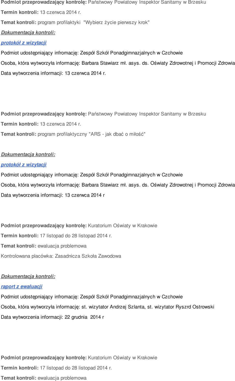 Temat kontroli: program profilaktyczny "ARS - jak dbać o miłość" protokół z wizytacji Osoba, która wytworzyła informację: Barbara Stawiarz mł. asys. ds.