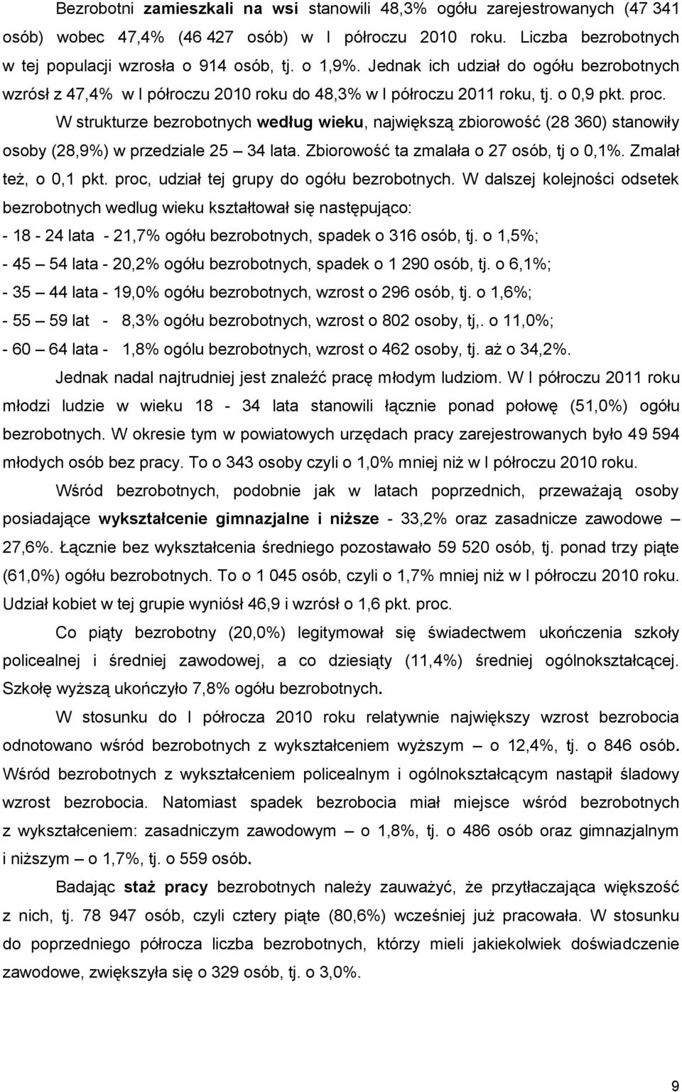 W strukturze bezrobotnych według wieku, największą zbiorowość (28 360) stanowiły osoby (28,9%) w przedziale 25 34 lata. Zbiorowość ta zmalała o 27 osób, tj o 0,1%. Zmalał też, o 0,1 pkt.