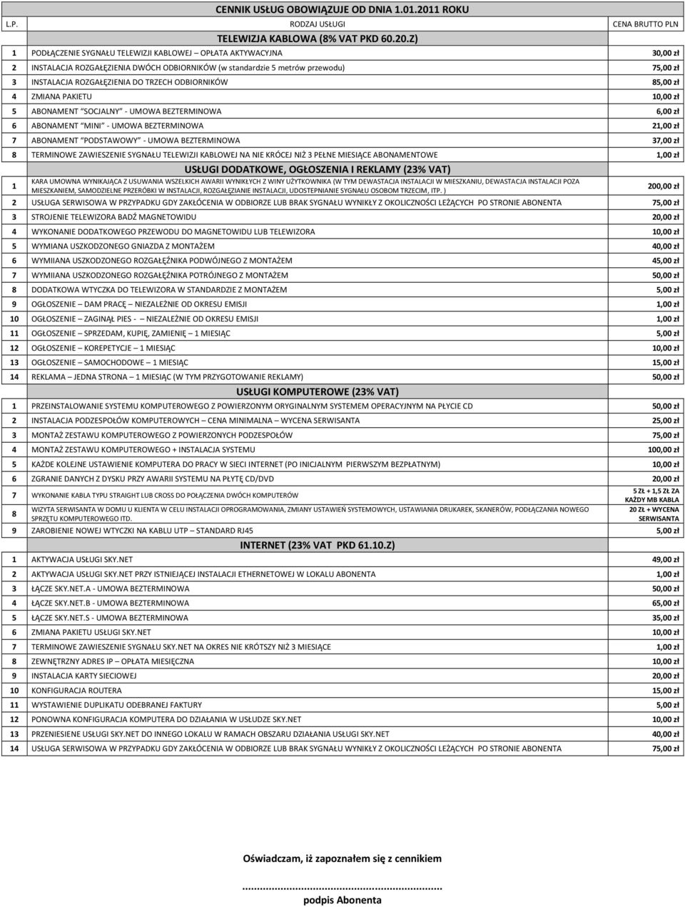 Z) 1 PODŁĄCZENIE SYGNAŁU TELEWIZJI KABLOWEJ OPŁATA AKTYWACYJNA 30,00 zł 2 INSTALACJA ROZGAŁĘZIENIA DWÓCH ODBIORNIKÓW (w standardzie 5 metrów przewodu) 75,00 zł 3 INSTALACJA ROZGAŁĘZIENIA DO TRZECH