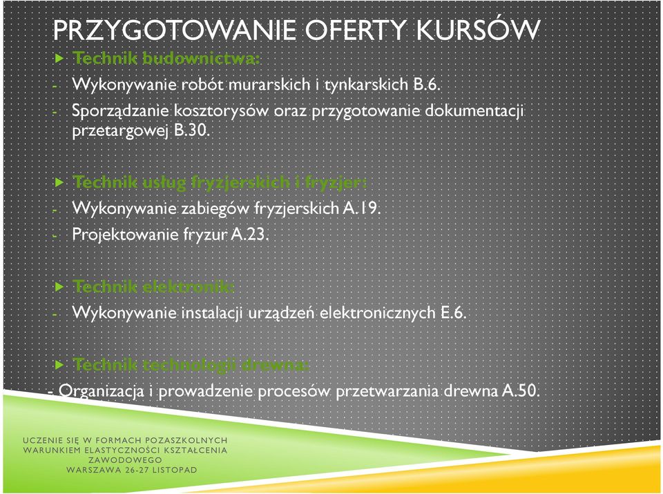 Technik usług fryzjerskich i fryzjer: - Wykonywanie zabiegów fryzjerskich A.19. - Projektowanie fryzur A.23.