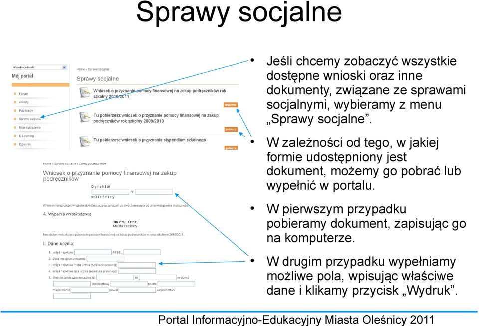 W zależności od tego, w jakiej formie udostępniony jest dokument, możemy go pobrać lub wypełnić w portalu.