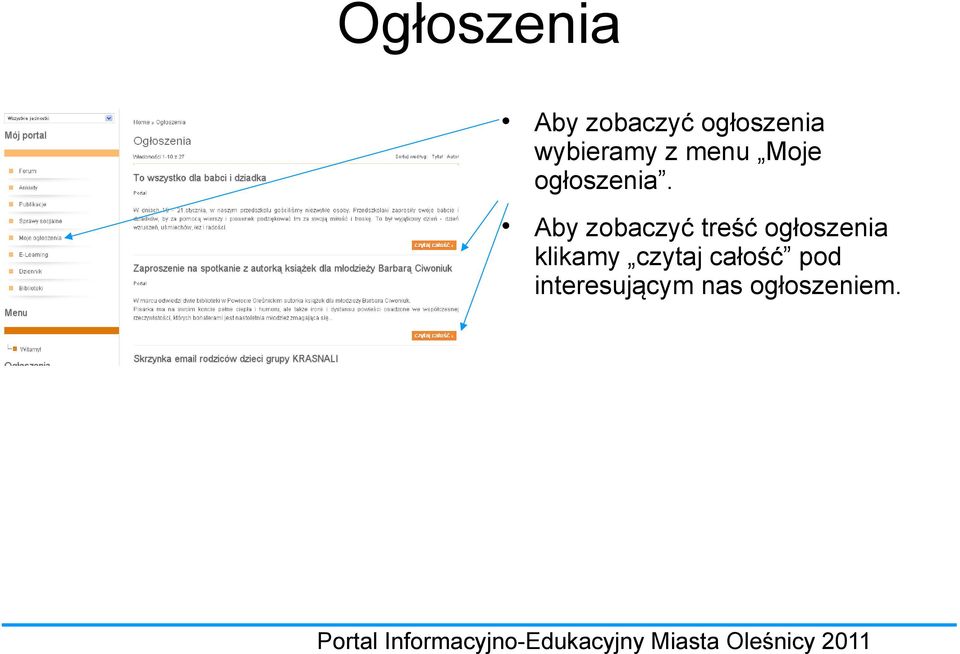 Aby zobaczyć treść ogłoszenia klikamy