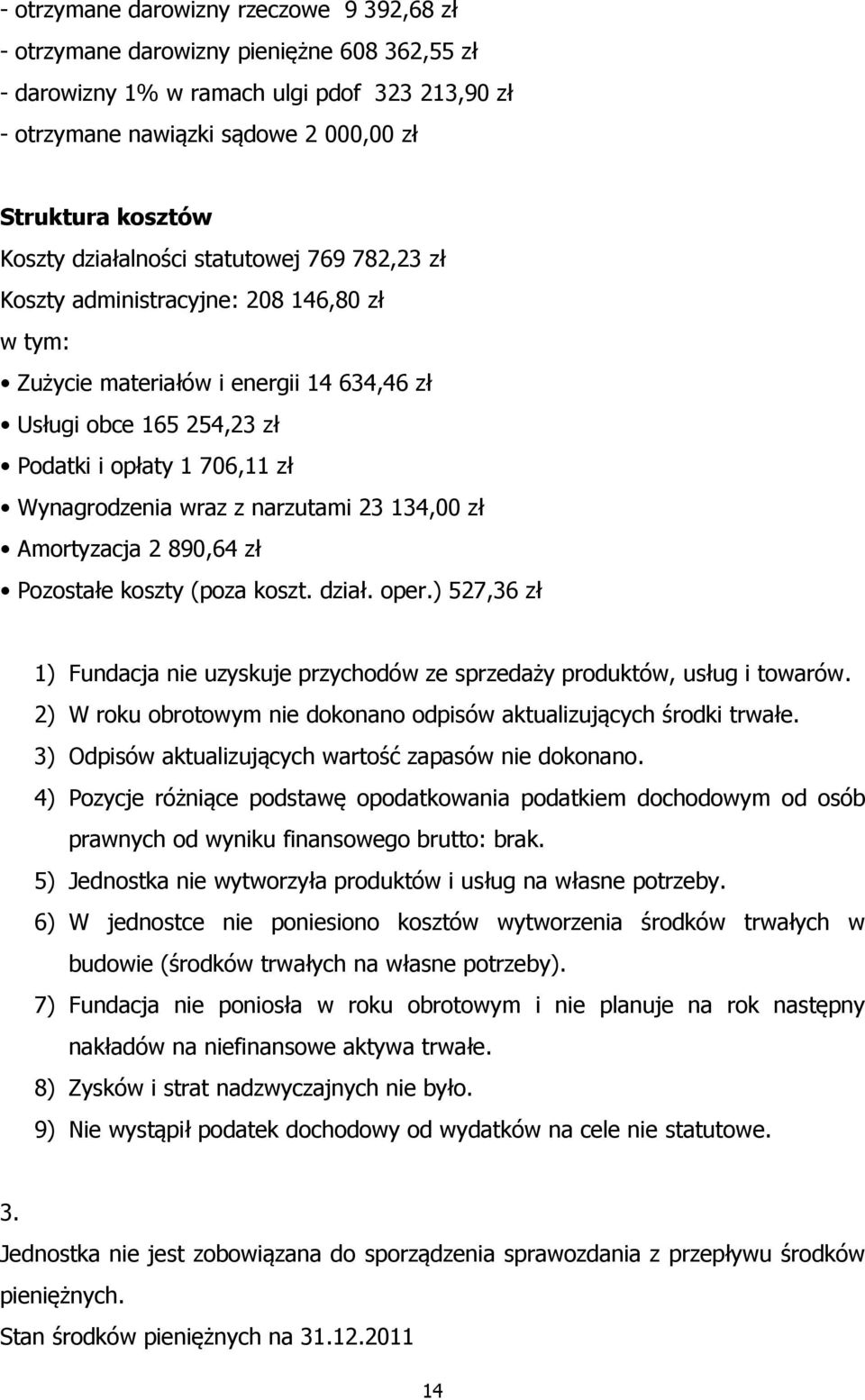 Wynagrodzenia wraz z narzutami 23 134,00 zł Amortyzacja 2 890,64 zł Pozostałe koszty (poza koszt. dział. oper.) 527,36 zł 1) Fundacja nie uzyskuje przychodów ze sprzedaży produktów, usług i towarów.