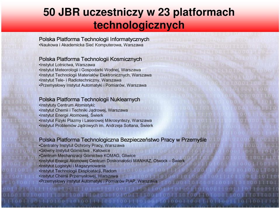 Automatyki i Pomiarów, Warszawa Polska Platforma Technologii Nuklearnych Instytuty Centrum Atomistyki: Instytut Chemii i Techniki Jądrowej, Warszawa Instytut Energii Atomowej, Świerk Instytut Fizyki