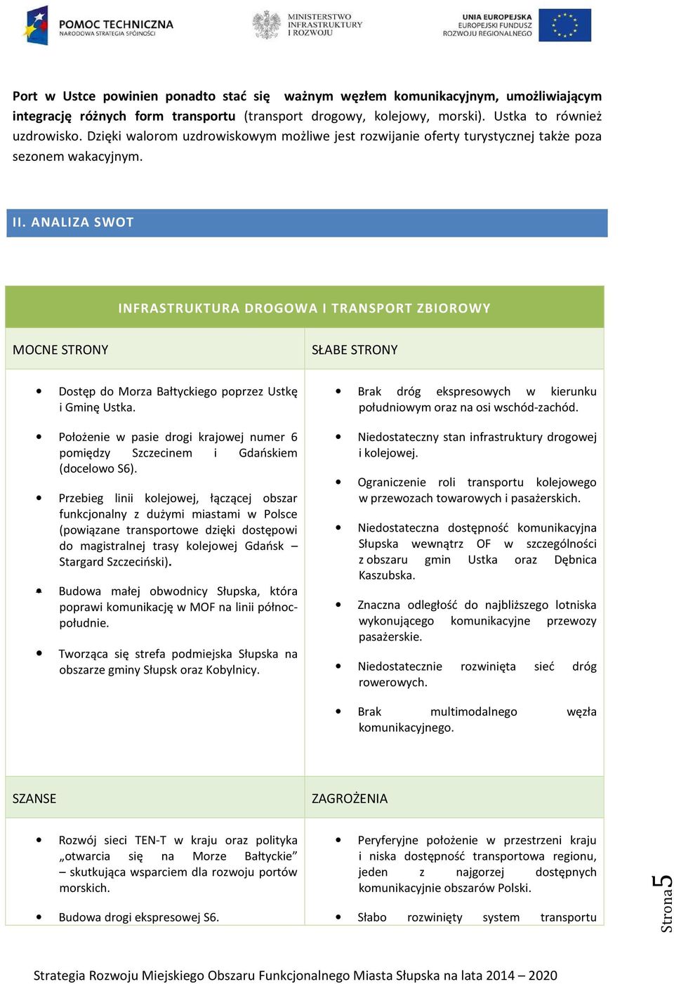 ANALIZA SWOT INFRASTRUKTURA DROGOWA I TRANSPORT ZBIOROWY MOCNE STRONY SŁABE STRONY Dostęp do Morza Bałtyckiego poprzez Ustkę i Gminę Ustka.