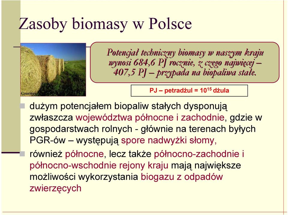 PJ petradŝul = 10 15 dŝula duŝym potencjałem biopaliw stałych dysponują zwłaszcza województwa północne i zachodnie, gdzie w