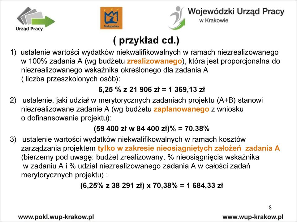 zadania A ( liczba przeszkolonych osób): 6,25 % z 21 906 zł = 1 369,13 zł 2) ustalenie, jaki udział w merytorycznych zadaniach projektu (A+B) stanowi niezrealizowane zadanie A (wg budżetu