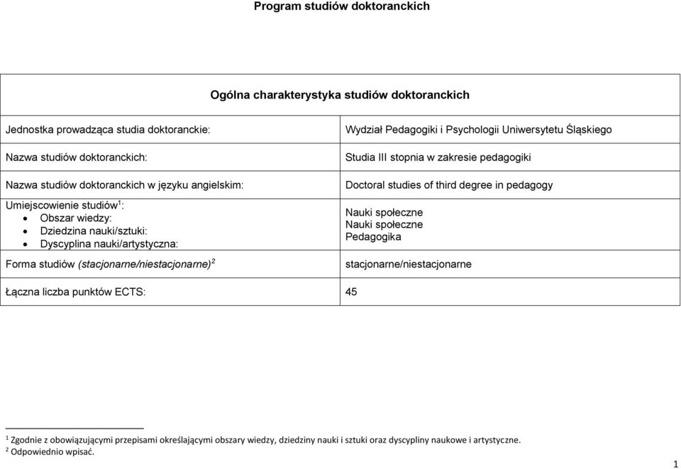 Psychologii Uniwersytetu Śląskiego Studia III stopnia w zakresie pedagogiki Doctoral studies of third degree in pedagogy Nauki społeczne Nauki społeczne Pedagogika