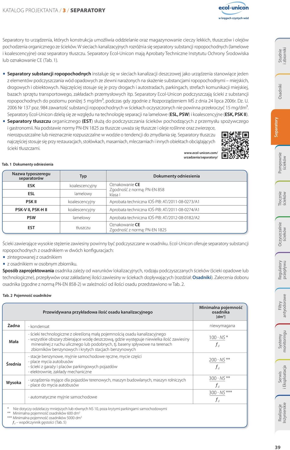Ecol-Unicon mają Aprobaty Techniczne Instytutu Ochrony Środowiska lub oznakowanie CE (Tab. 1).