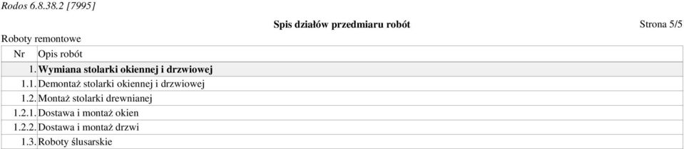 3. Roboty ślusarskie Spis działów przedmiaru robót Strona 5/5