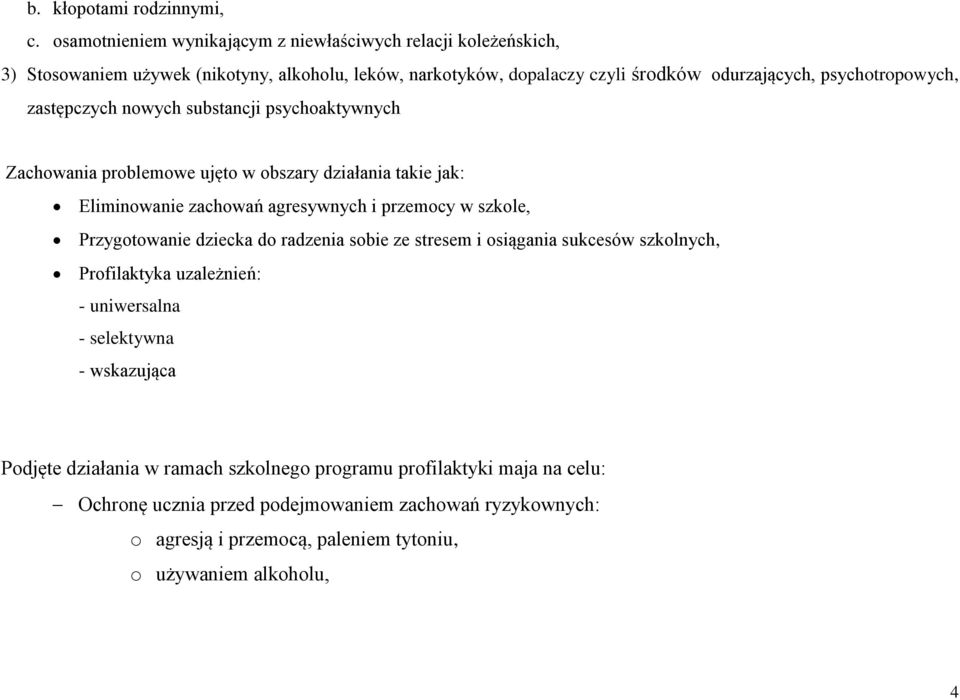 psychotropowych, zastępczych nowych substancji psychoaktywnych Zachowania problemowe ujęto w obszary działania takie jak: Eliminowanie zachowań agresywnych i przemocy w szkole,