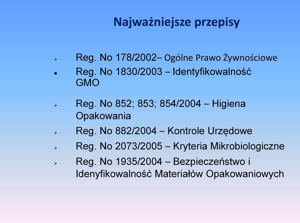 No 852; 853; 854/2004 Higiena Opakowania Reg.