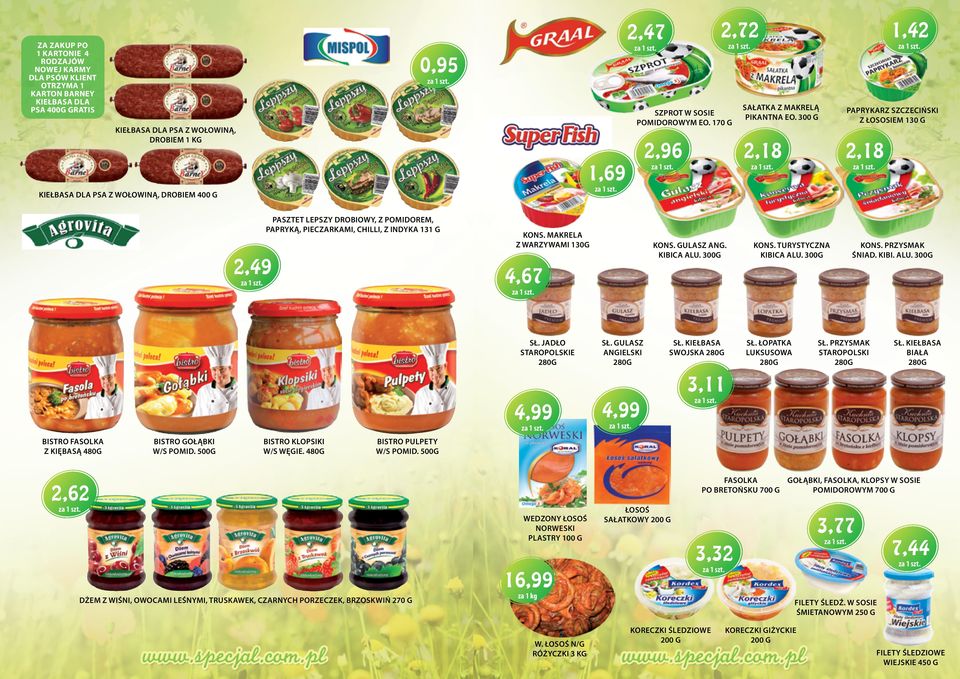 300 G paprykarz szczeciński z łososiem 130 G 2,18 2,18 KIEŁBASA DLA PSA Z wołowiną, DROBIEM 400 G Pasztet lepszy drobiowy, z pomidorem, papryką, pieczarkami, chilli, z indyka 131 G 2,49 KONS.