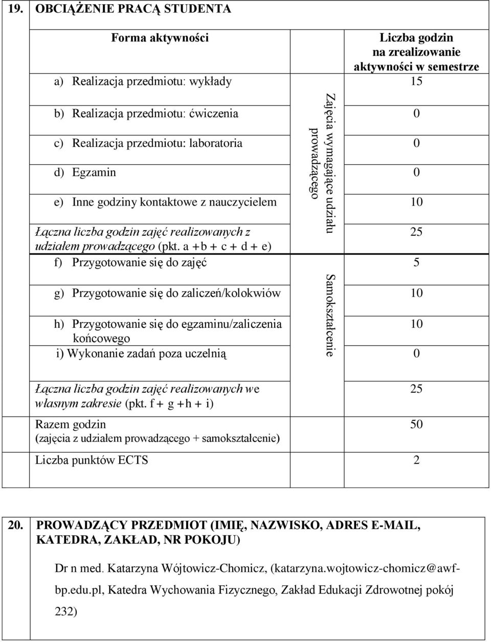 0 d) Egzamin 0 e) Inne godziny kontaktowe z nauczycielem 10 Łączna liczba godzin zajęć realizowanych z udziałem prowadzącego (pkt.