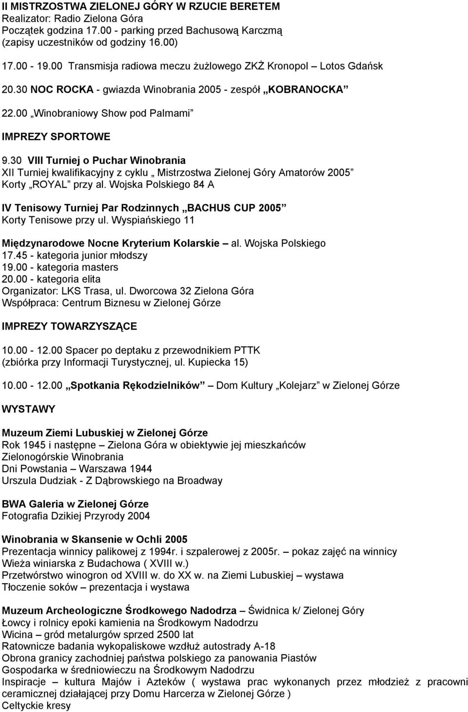 30 VIII Turniej o Puchar Winobrania XII Turniej kwalifikacyjny z cyklu Mistrzostwa Zielonej Góry Amatorów 2005 Korty ROYAL przy al.