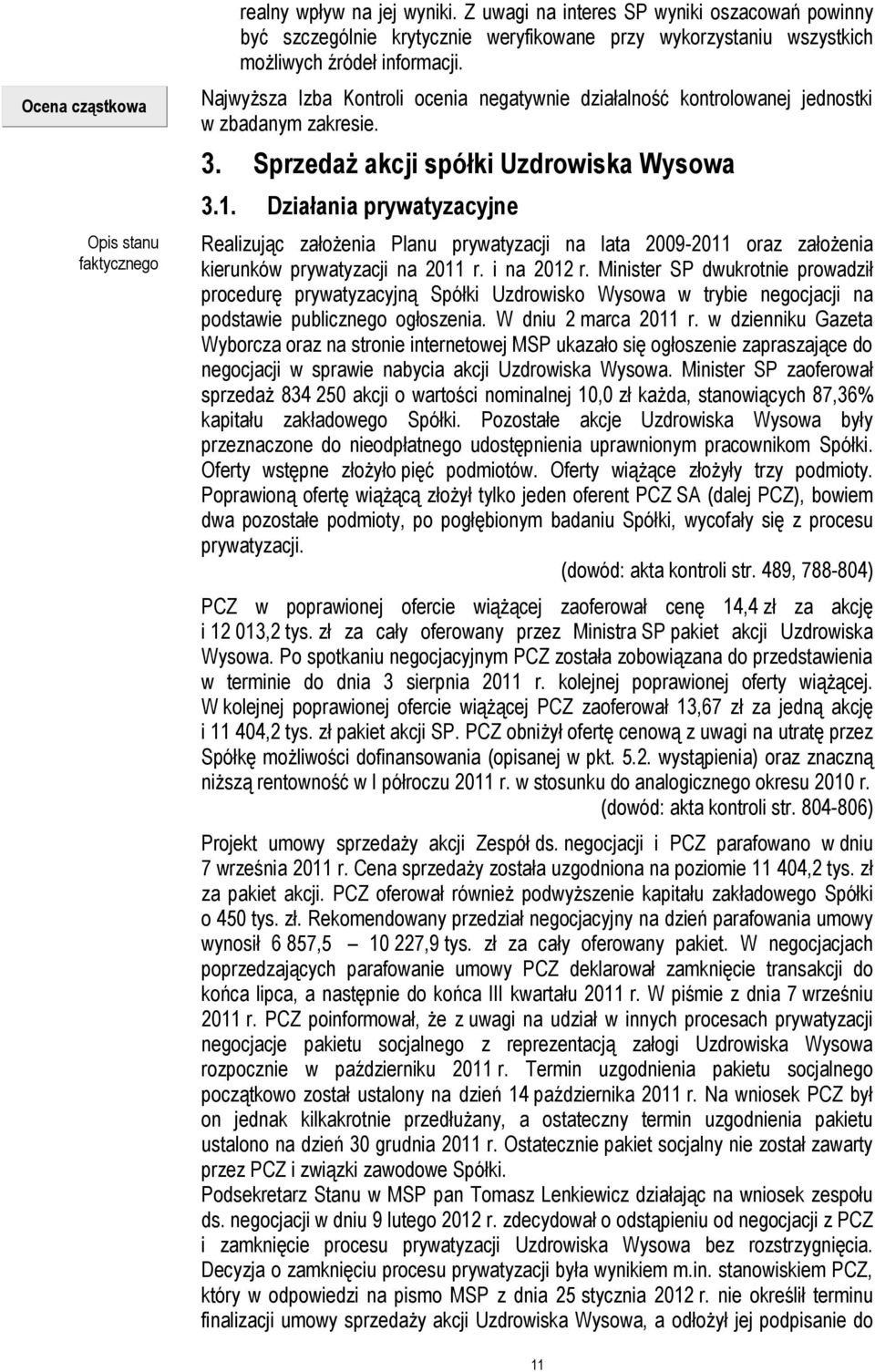 Najwyższa Izba Kontroli ocenia negatywnie działalność kontrolowanej jednostki w zbadanym zakresie. 3. Sprzedaż akcji spółki Uzdrowiska Wysowa 3.1.