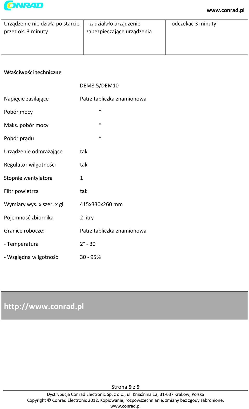 5/DEM10 Patrz tabliczka znamionowa Pobór mocy Maks.