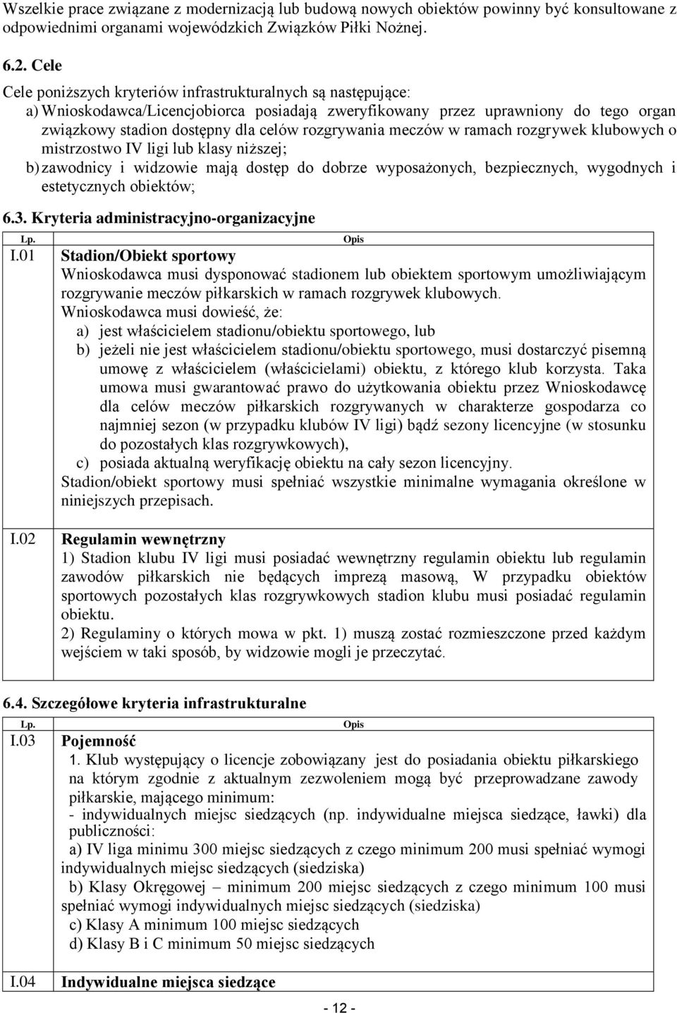 rozgrywania meczów w ramach rozgrywek klubowych o mistrzostwo IV ligi lub klasy niższej; b) zawodnicy i widzowie mają dostęp do dobrze wyposażonych, bezpiecznych, wygodnych i estetycznych obiektów; 6.