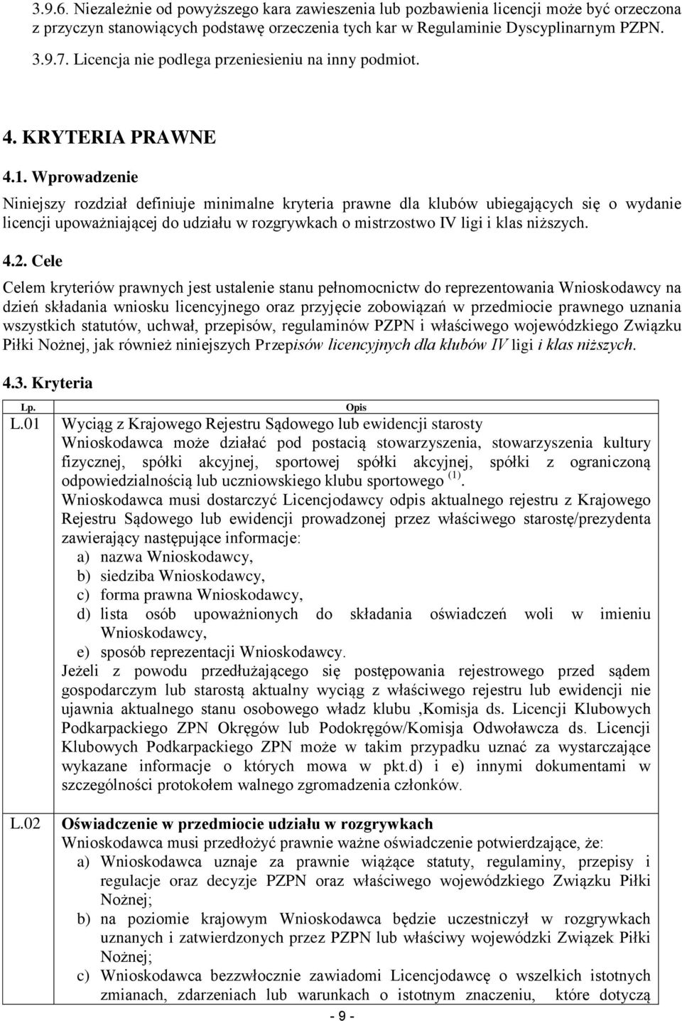 Wprowadzenie Niniejszy rozdział definiuje minimalne kryteria prawne dla klubów ubiegających się o wydanie licencji upoważniającej do udziału w rozgrywkach o mistrzostwo IV ligi i klas niższych. 4.2.